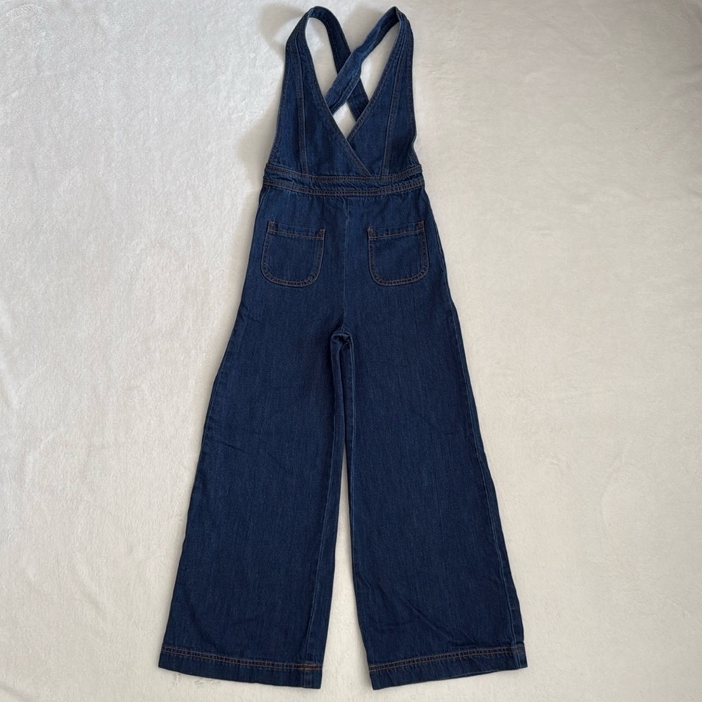 Bebe Girls | Denim Cross Back Flare Wide Leg Overall Jumpsuit Blue (M 10-12) - Picture 2 of 13